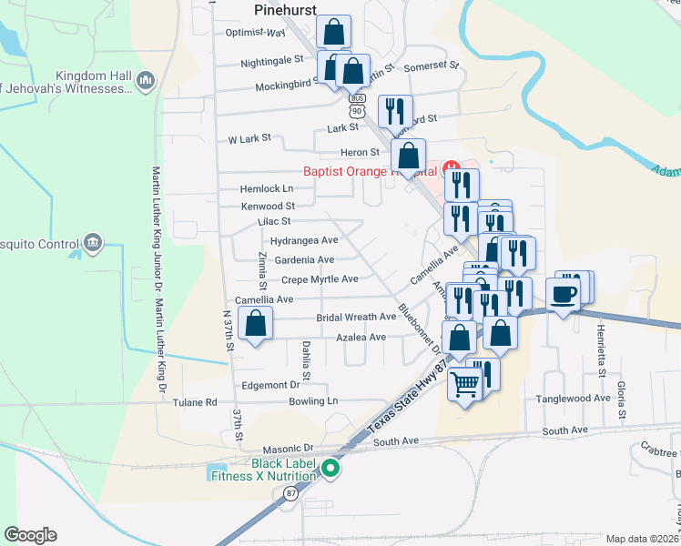map of restaurants, bars, coffee shops, grocery stores, and more near 413 Crepe Myrtle Avenue in Orange