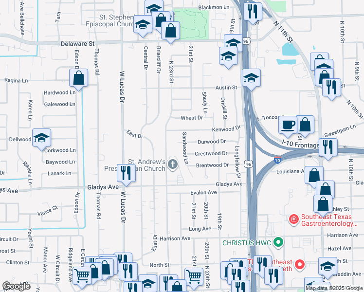map of restaurants, bars, coffee shops, grocery stores, and more near 1450 North 23rd Street in Beaumont