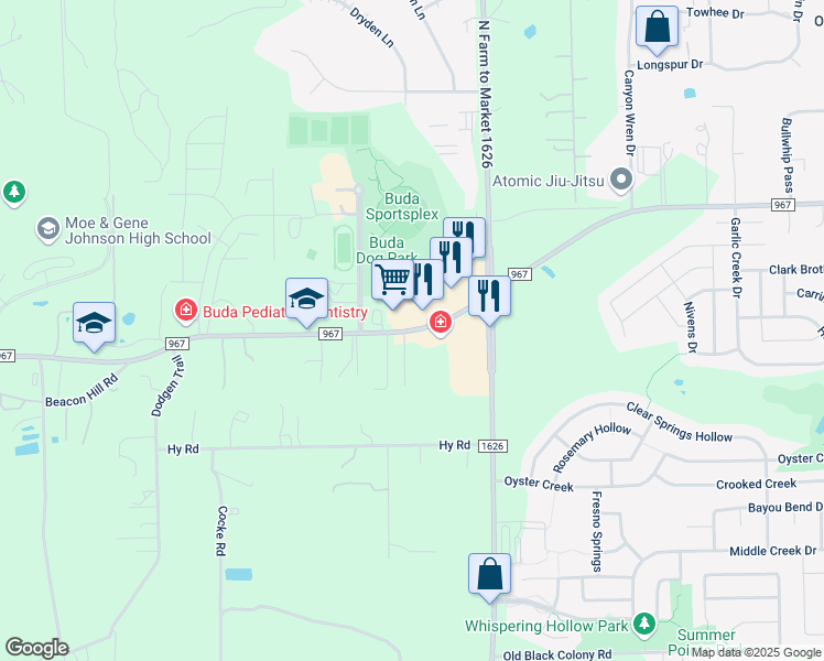 map of restaurants, bars, coffee shops, grocery stores, and more near 3830 Farm to Market 967 in Buda
