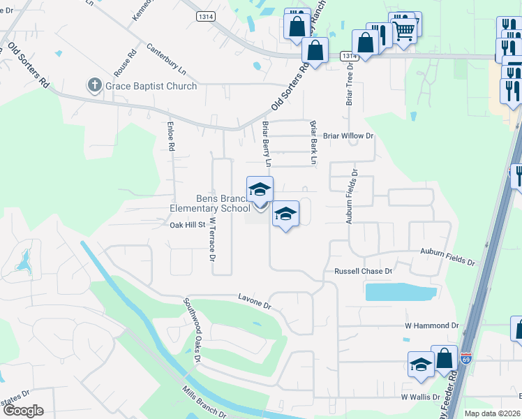 map of restaurants, bars, coffee shops, grocery stores, and more near 24311 East Terrace Drive in Porter