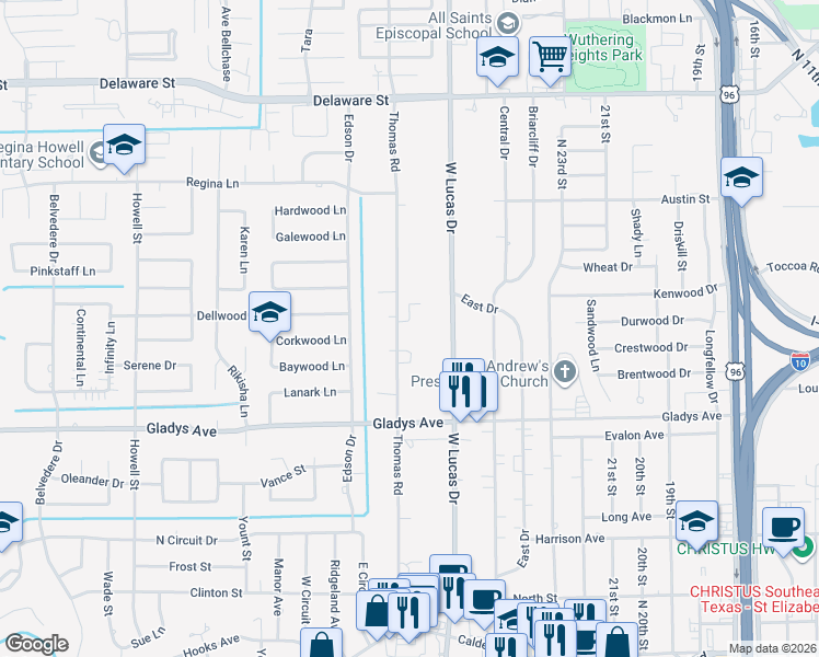 map of restaurants, bars, coffee shops, grocery stores, and more near 1470 Thomas Road in Beaumont