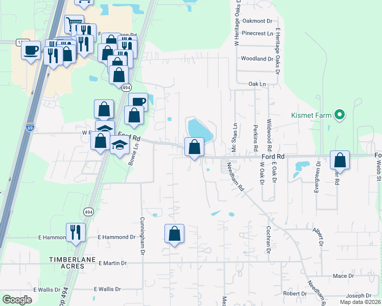 map of restaurants, bars, coffee shops, grocery stores, and more near 22662 Ford Road in Porter