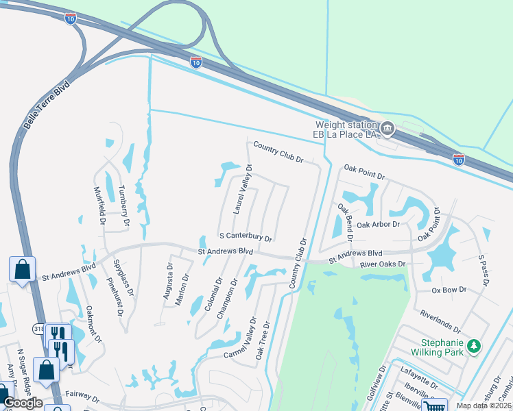 map of restaurants, bars, coffee shops, grocery stores, and more near 2219 Pine Valley Drive in LaPlace