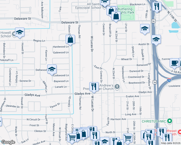 map of restaurants, bars, coffee shops, grocery stores, and more near 1557 West Lucas Drive in Beaumont