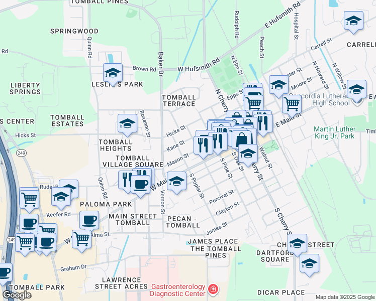 map of restaurants, bars, coffee shops, grocery stores, and more near 609 Mason Street in Tomball