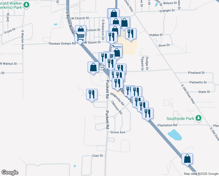 map of restaurants, bars, coffee shops, grocery stores, and more near 202 Puckett Road in Perry