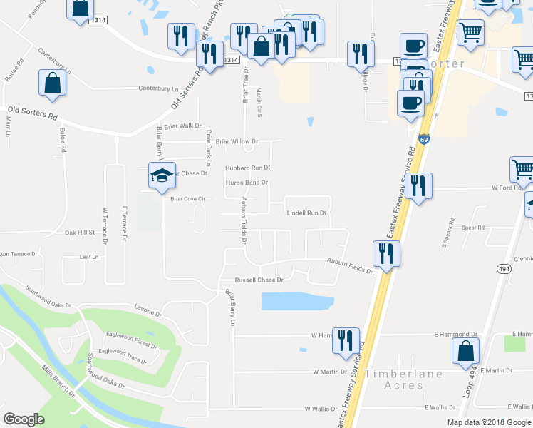 map of restaurants, bars, coffee shops, grocery stores, and more near Auburn Reach Drive in Porter