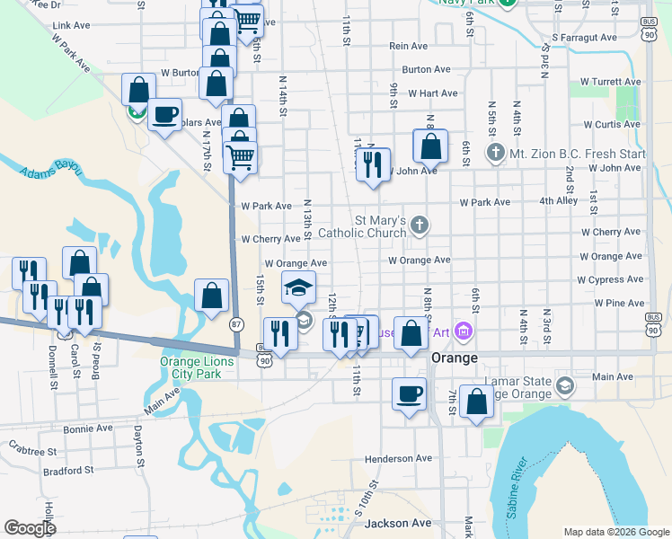 map of restaurants, bars, coffee shops, grocery stores, and more near 710 12th Street in Orange