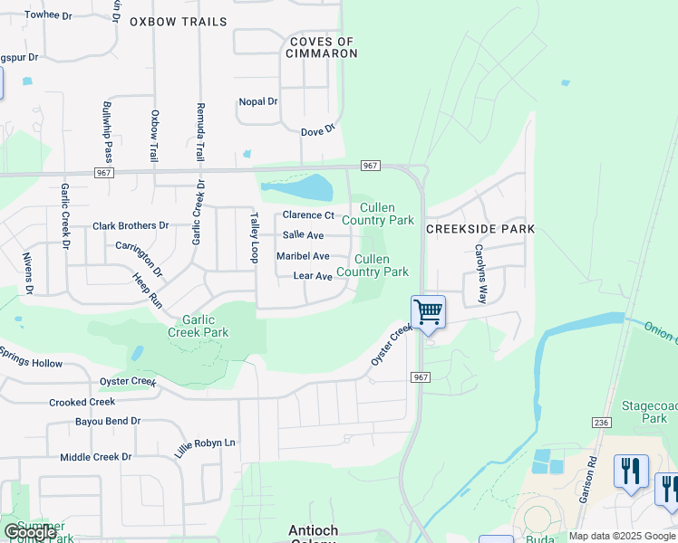 map of restaurants, bars, coffee shops, grocery stores, and more near 468 Cullen Boulevard in Buda