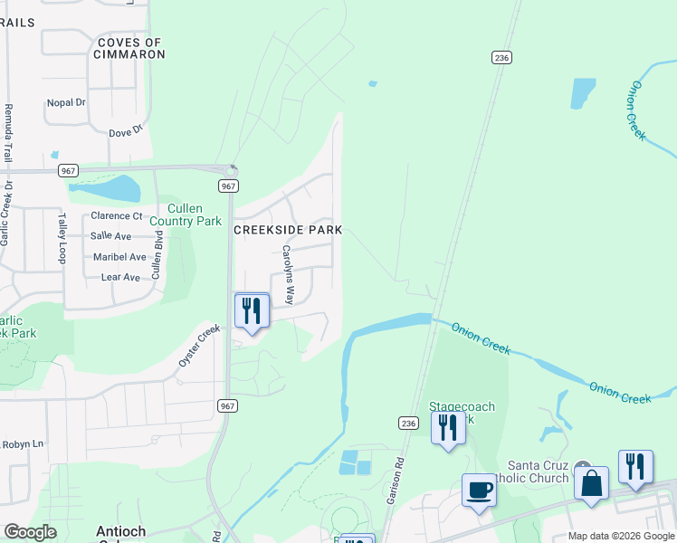 map of restaurants, bars, coffee shops, grocery stores, and more near 339 Kates Cove in Buda