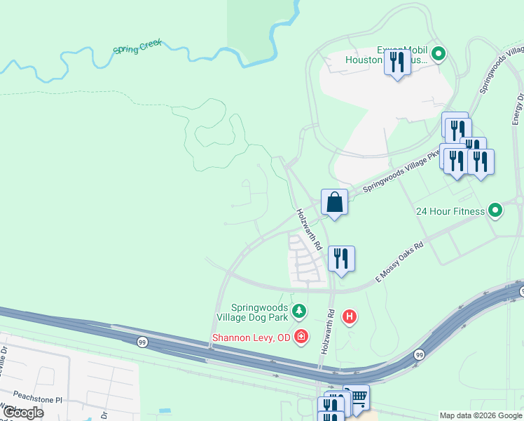map of restaurants, bars, coffee shops, grocery stores, and more near 23106 Morning Dove Bend Lane in Spring