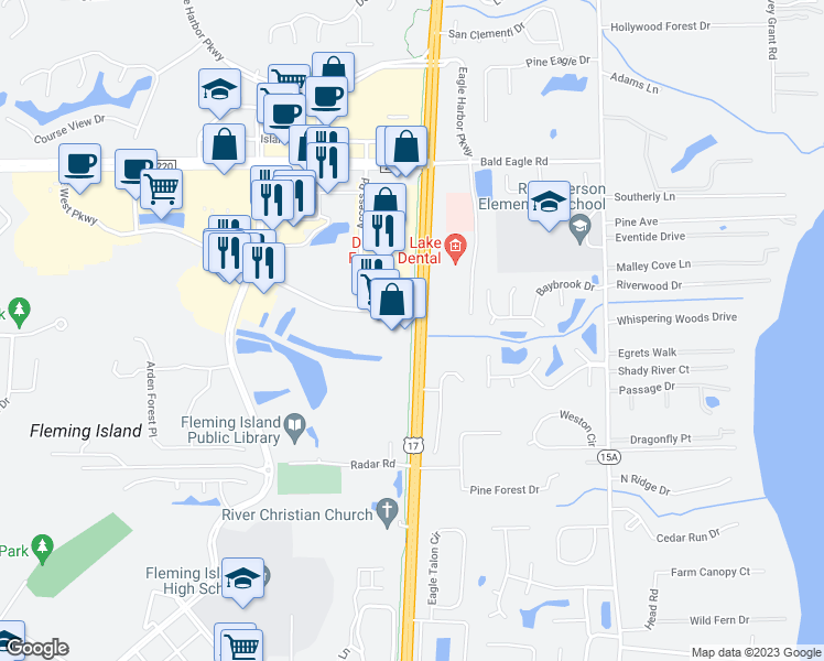 map of restaurants, bars, coffee shops, grocery stores, and more near Black Creek Trail in Clay