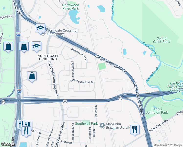 map of restaurants, bars, coffee shops, grocery stores, and more near 610 Manchester Trail Drive in Spring