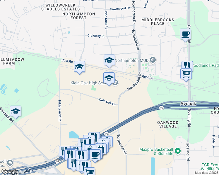 map of restaurants, bars, coffee shops, grocery stores, and more near 22603 Northcrest Drive in Spring