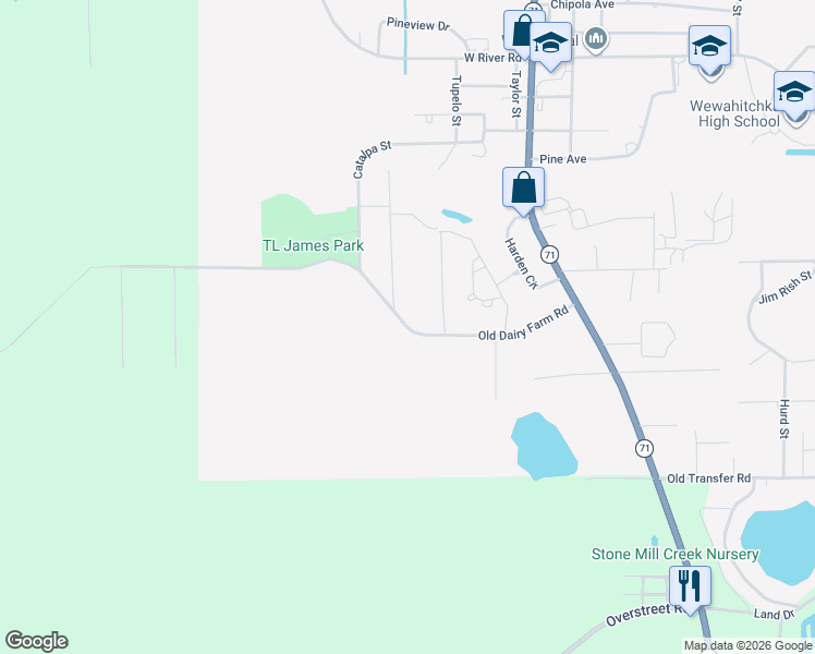 map of restaurants, bars, coffee shops, grocery stores, and more near 387 Old Dairy Farm Road in Wewahitchka