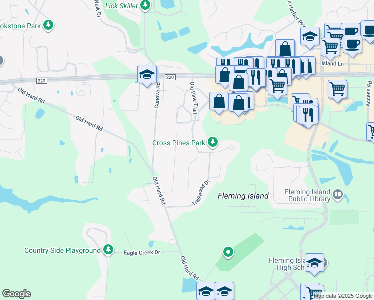 map of restaurants, bars, coffee shops, grocery stores, and more near 2179 Deer Run Lane in Orange Park