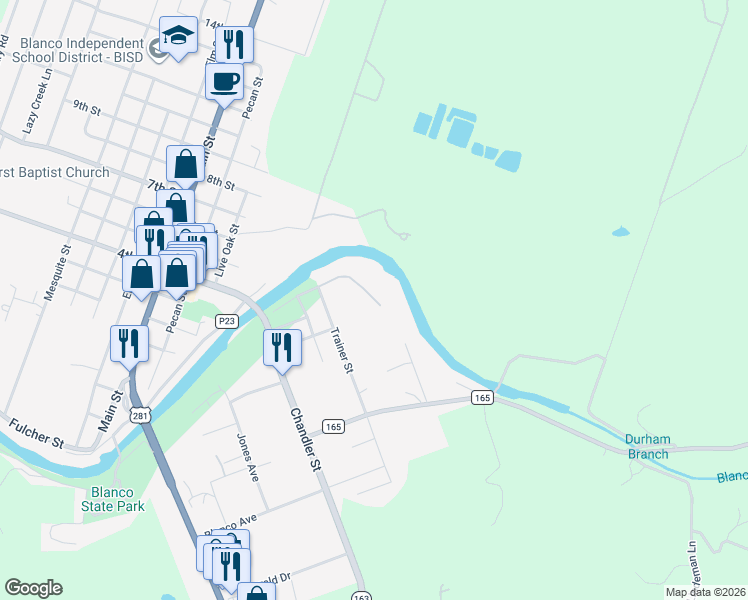 map of restaurants, bars, coffee shops, grocery stores, and more near Farm Road 165 in Blanco