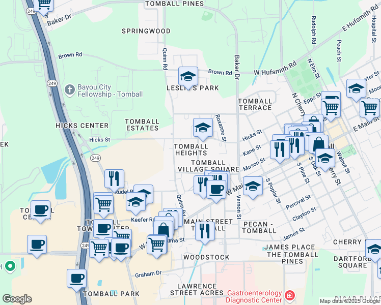 map of restaurants, bars, coffee shops, grocery stores, and more near 1111 Summit Street in Tomball