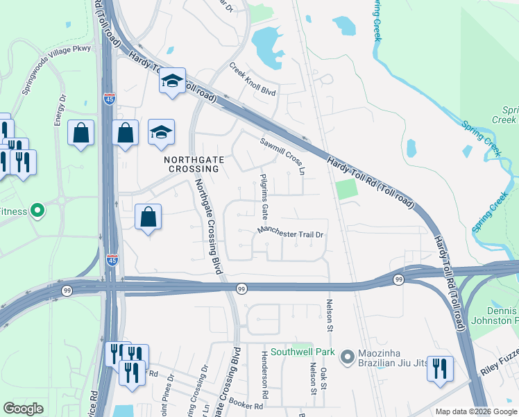 map of restaurants, bars, coffee shops, grocery stores, and more near 23103 Oxbow Trail in Spring