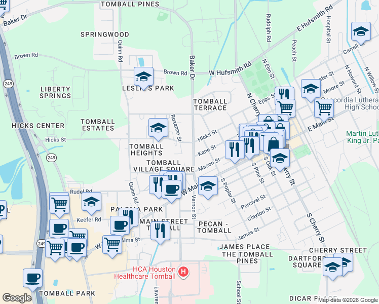 map of restaurants, bars, coffee shops, grocery stores, and more near 803 Hicks Street in Tomball