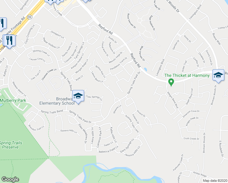 map of restaurants, bars, coffee shops, grocery stores, and more near Nina Ridge Lane in Spring