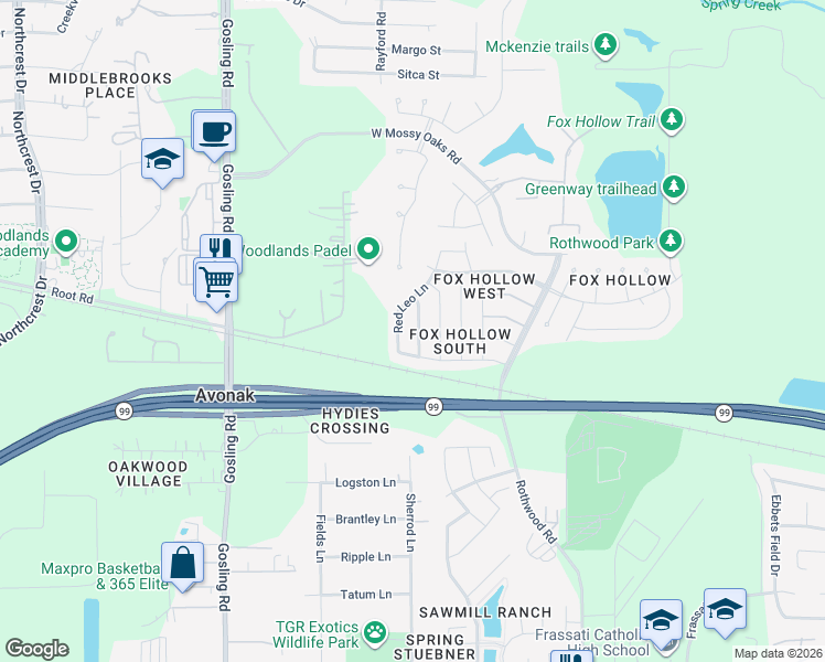 map of restaurants, bars, coffee shops, grocery stores, and more near 22906 Cabanna Road in Spring