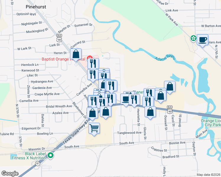 map of restaurants, bars, coffee shops, grocery stores, and more near 2922 Bluebird Street in Orange
