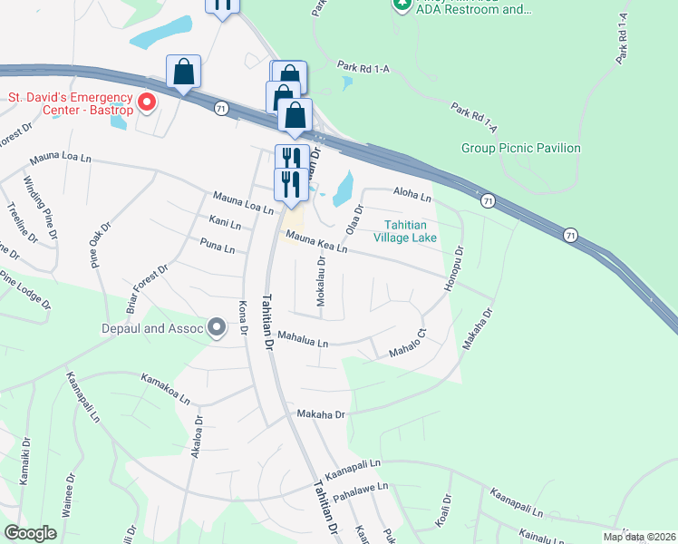 map of restaurants, bars, coffee shops, grocery stores, and more near 103 Mokalau Drive in Bastrop