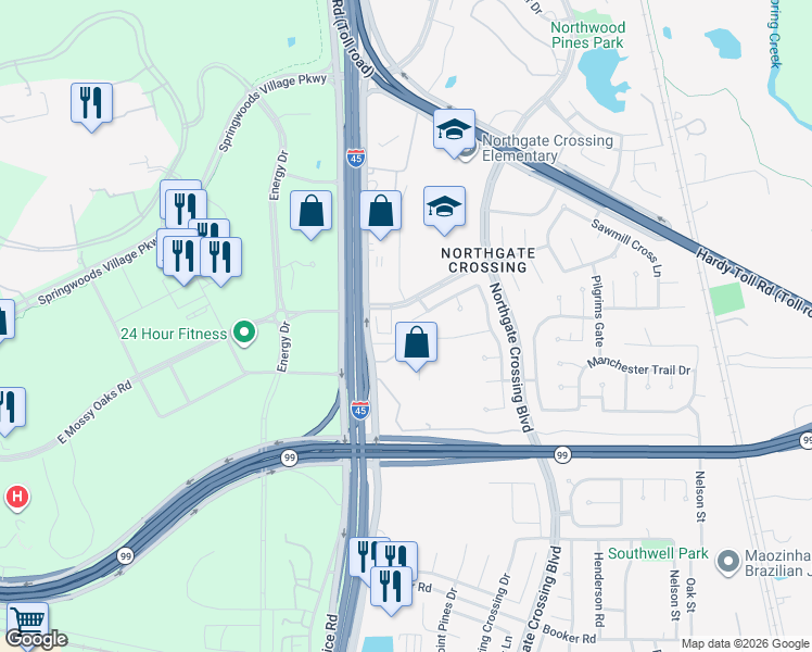 map of restaurants, bars, coffee shops, grocery stores, and more near 1118 Windsor Chase Lane in Spring