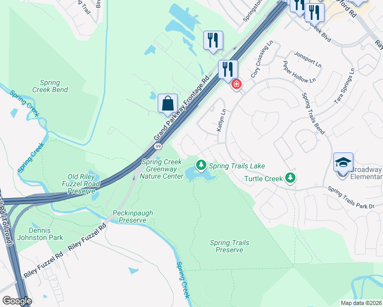 map of restaurants, bars, coffee shops, grocery stores, and more near 1702 Claytons Cove Court in Spring
