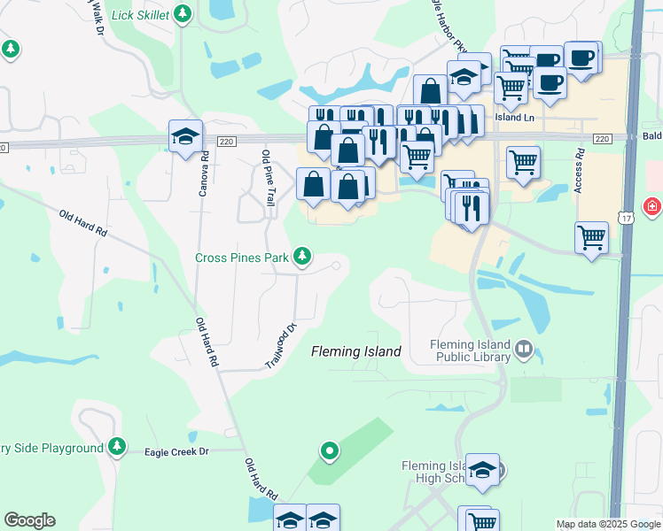 map of restaurants, bars, coffee shops, grocery stores, and more near 1721 Cross Pines Drive in Fleming Island