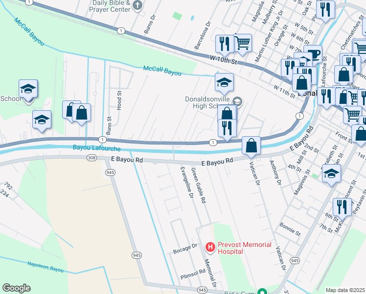 map of restaurants, bars, coffee shops, grocery stores, and more near 3350 Louisiana 1 in Donaldsonville