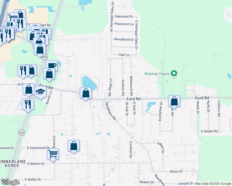 map of restaurants, bars, coffee shops, grocery stores, and more near 24104 Perkins Road in Porter