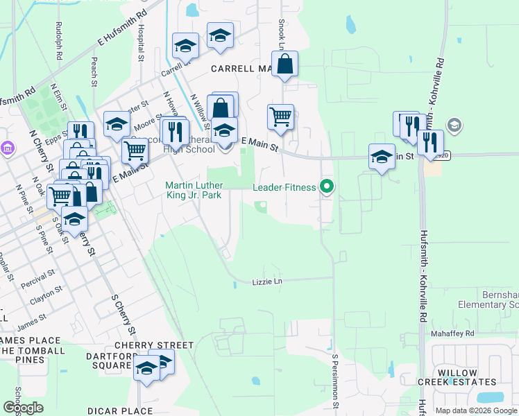 map of restaurants, bars, coffee shops, grocery stores, and more near 912 Timkin Road in Tomball