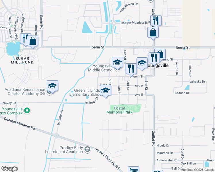 map of restaurants, bars, coffee shops, grocery stores, and more near 603 Avenue A in Youngsville