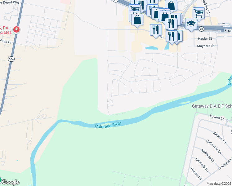map of restaurants, bars, coffee shops, grocery stores, and more near 224 Tributary Way in Bastrop