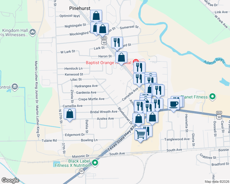 map of restaurants, bars, coffee shops, grocery stores, and more near 11 Circle R Street in Orange