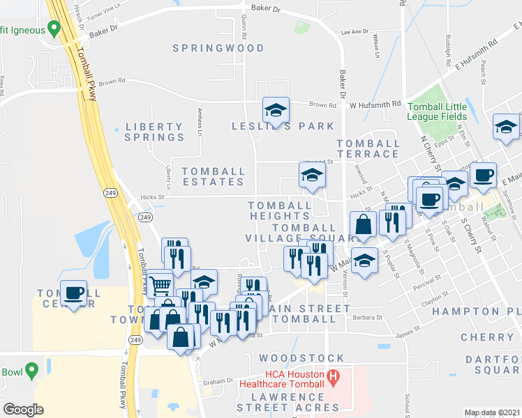 map of restaurants, bars, coffee shops, grocery stores, and more near 29530 Quinn Road in Tomball