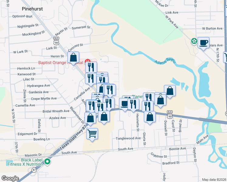 map of restaurants, bars, coffee shops, grocery stores, and more near 2922 Bluebird Street in Orange