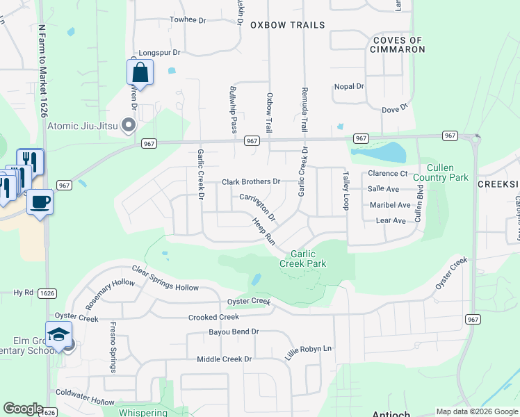 map of restaurants, bars, coffee shops, grocery stores, and more near 184 Birdwell Lane in Buda