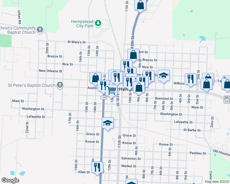 map of restaurants, bars, coffee shops, grocery stores, and more near 1125 Austin Street in Hempstead