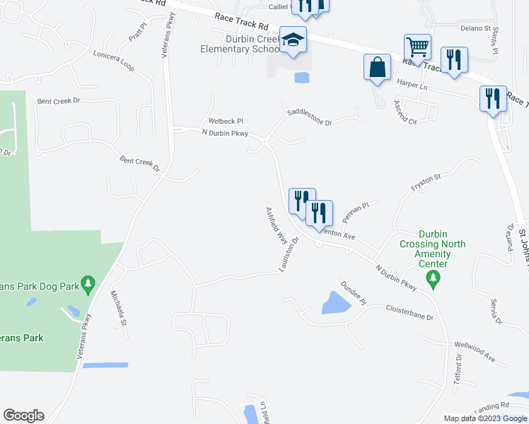 map of restaurants, bars, coffee shops, grocery stores, and more near 1137 Ashfield Way in Saint Johns