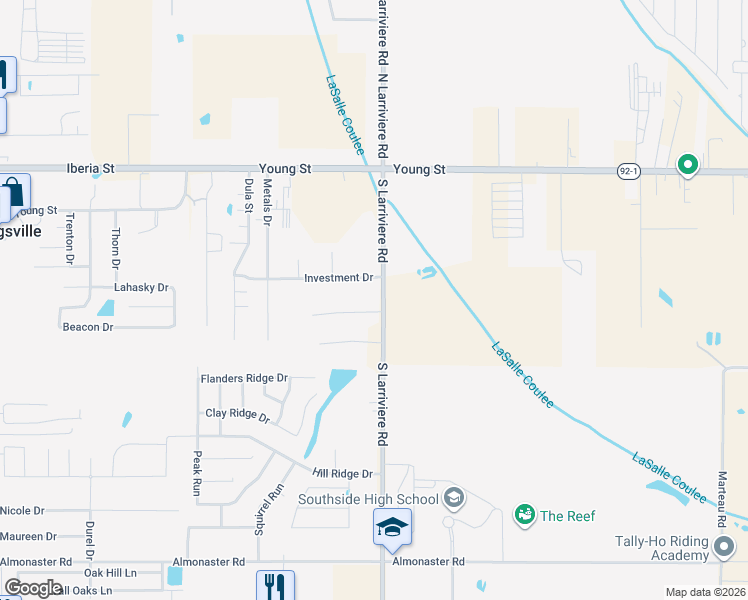 map of restaurants, bars, coffee shops, grocery stores, and more near 304 South Larriviere Road in Youngsville