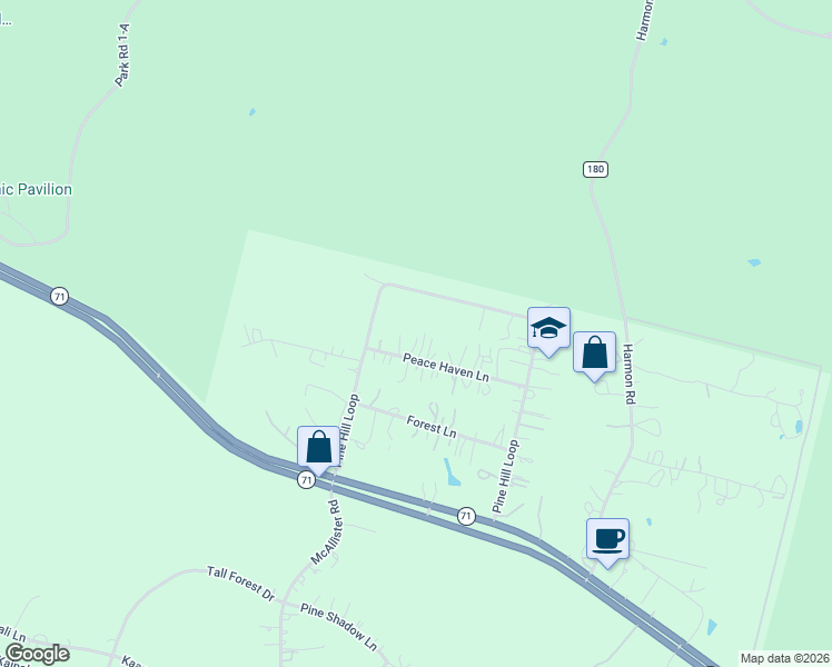 map of restaurants, bars, coffee shops, grocery stores, and more near 120 Peace Haven Lane in Bastrop
