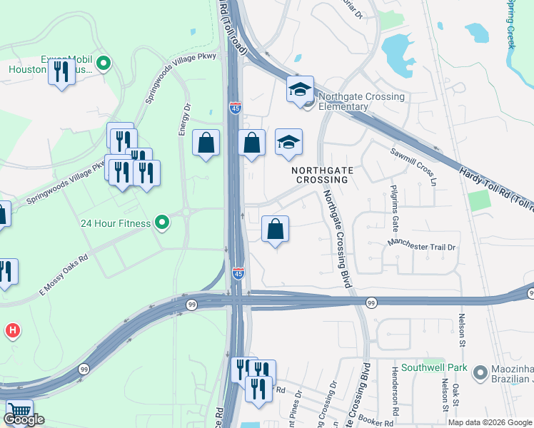 map of restaurants, bars, coffee shops, grocery stores, and more near 1118 Windsor Chase Lane in Spring