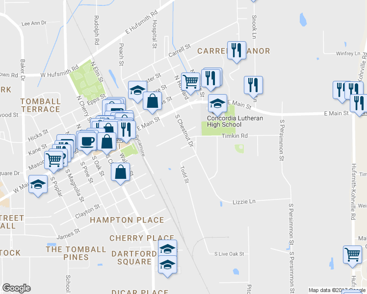 map of restaurants, bars, coffee shops, grocery stores, and more near 313 Holiday Street in Tomball