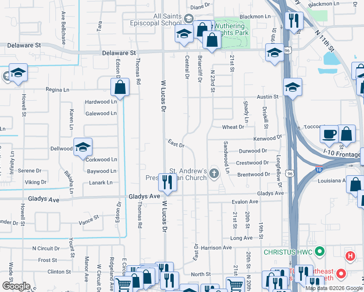 map of restaurants, bars, coffee shops, grocery stores, and more near 1698 Central Drive in Beaumont