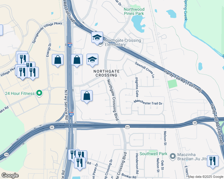 map of restaurants, bars, coffee shops, grocery stores, and more near Northgate Crossing Boulevard in Spring