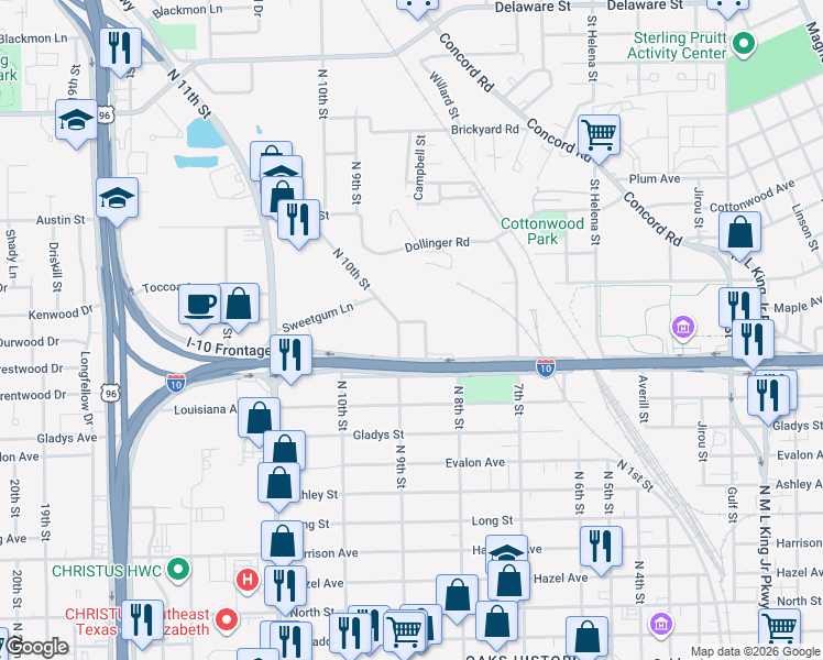 map of restaurants, bars, coffee shops, grocery stores, and more near 2455 Commerce Street in Beaumont