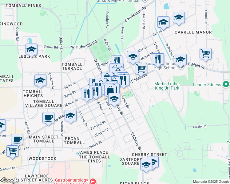 map of restaurants, bars, coffee shops, grocery stores, and more near in Tomball